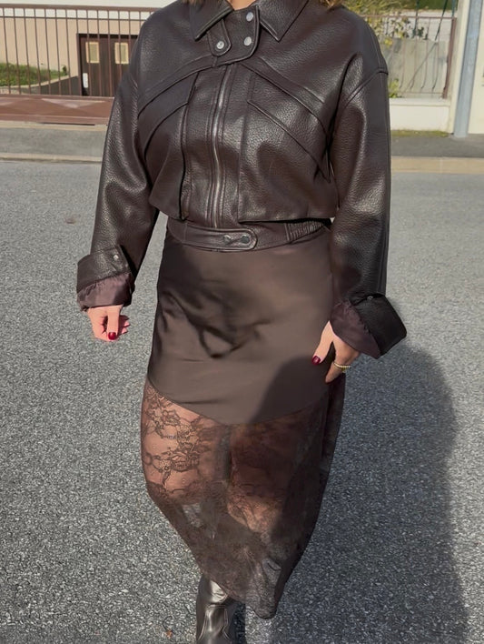 Jupe satiné marron dentelle